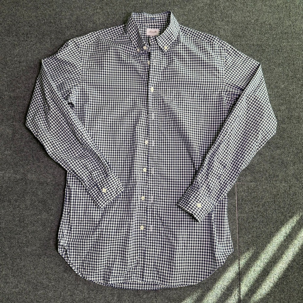 Hamilton Mens Navy White Gingham Button Down Shirt Custom Cotton Long Sleeve L